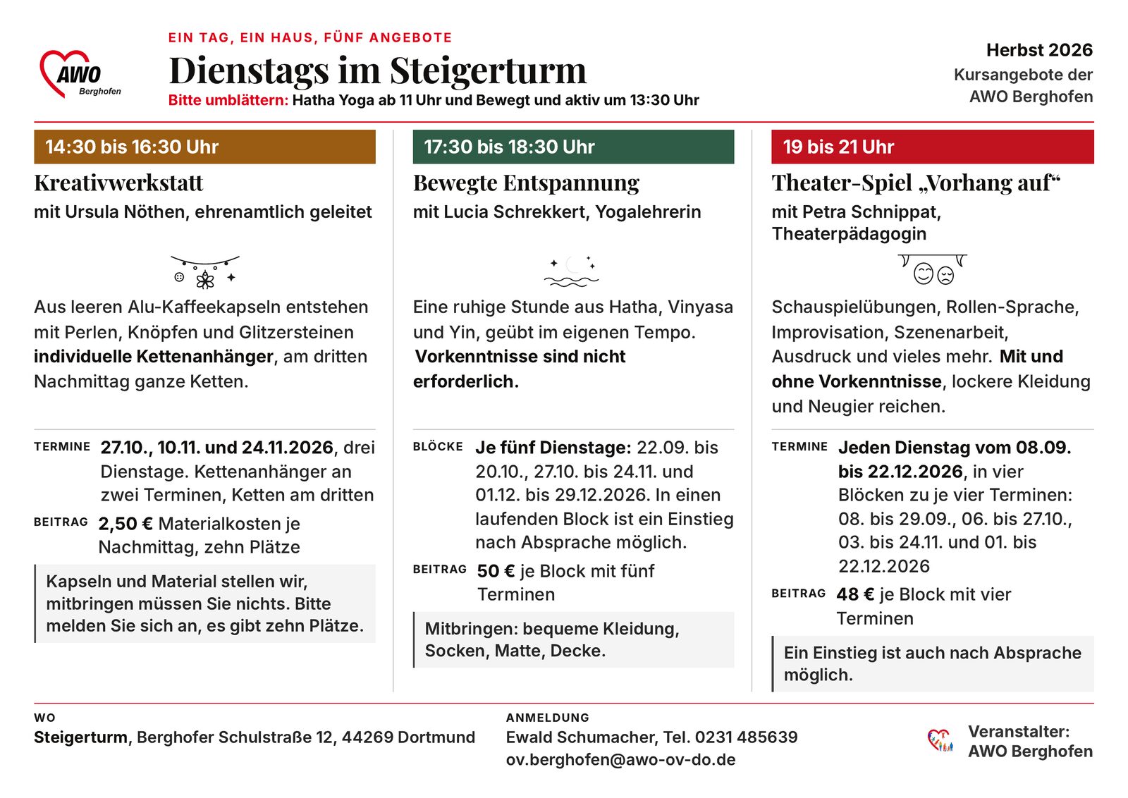 Seite 1 des Kursprogramms: Kreativwerkstatt, Bewegte Entspannung und Theater-Spiel.