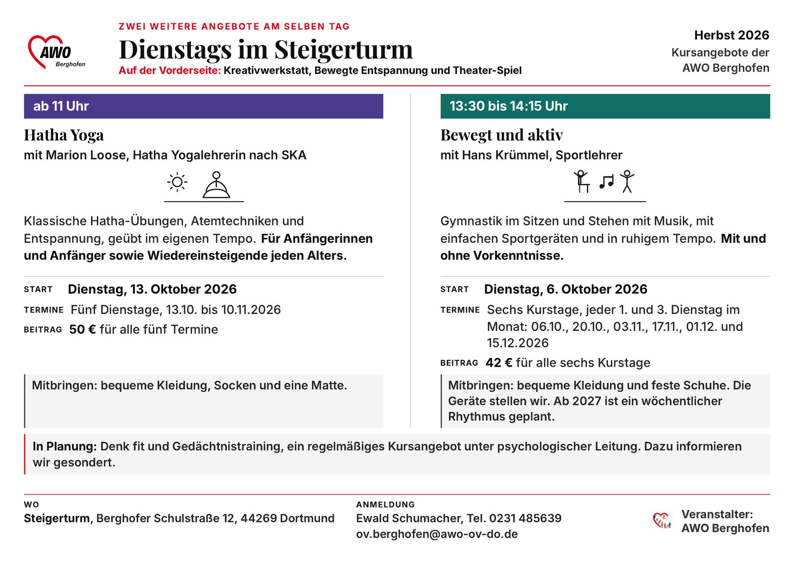 Seite 2 des Kursprogramms: Hatha Yoga, Bewegt und aktiv und eine Vorankündigung zu Denk fit und Gedächtnistraining.
