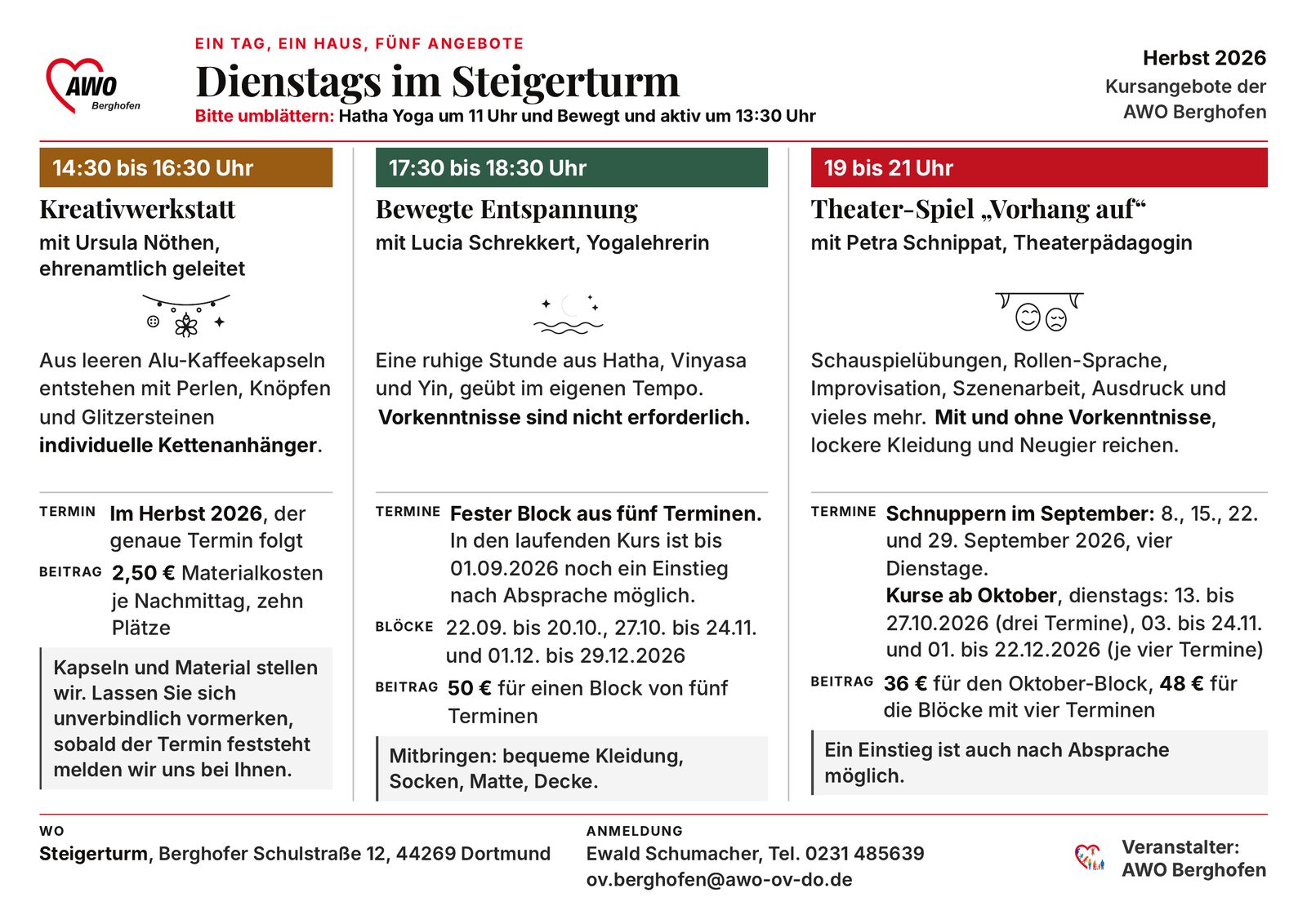 Seite 1 des Kursprogramms: Kreativwerkstatt, Bewegte Entspannung und Theater-Spiel.