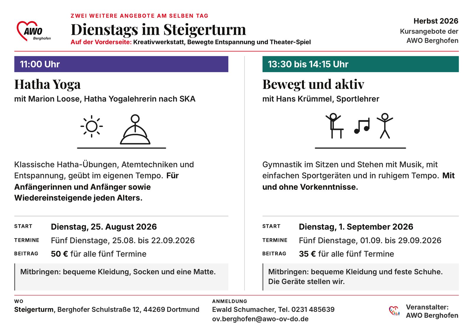 Seite 2 des Kursprogramms: Hatha Yoga und Bewegt und aktiv.